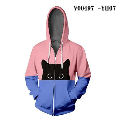 Curious Black Cat Zipper Hoodie Orange Green Splice Color Print Woman 3D