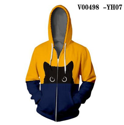 Curious Black Cat Zipper Hoodie Orange Green Splice Color Print Woman 3D