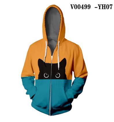 Curious Black Cat Zipper Hoodie Orange Green Splice Color Print Woman 3D