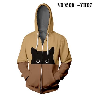 Curious Black Cat Zipper Hoodie Orange Green Splice Color Print Woman 3D