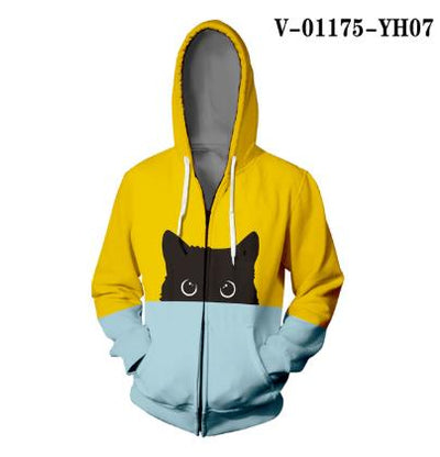 Curious Black Cat Zipper Hoodie Orange Green Splice Color Print Woman 3D