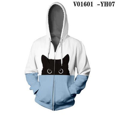 Curious Black Cat Zipper Hoodie Orange Green Splice Color Print Woman 3D