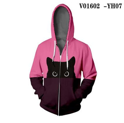 Curious Black Cat Zipper Hoodie Orange Green Splice Color Print Woman 3D