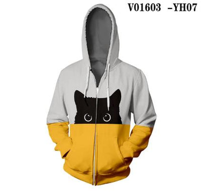 Curious Black Cat Zipper Hoodie Orange Green Splice Color Print Woman 3D