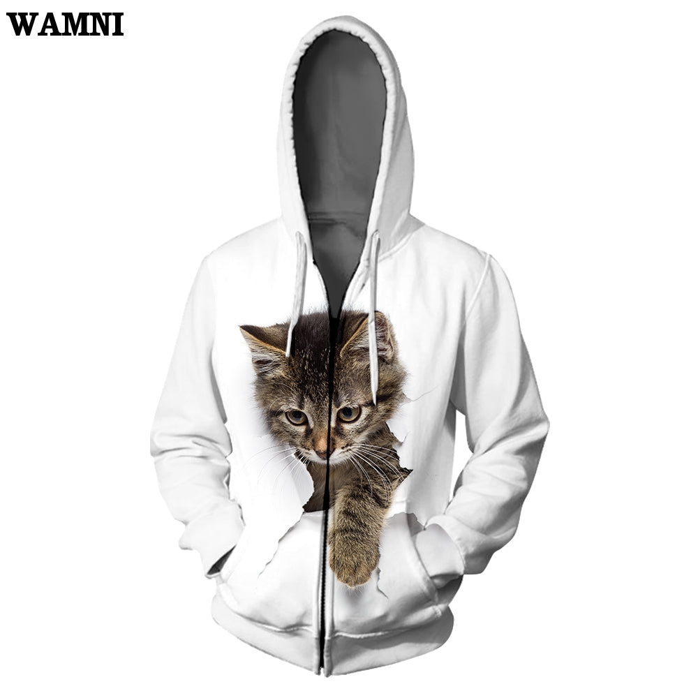 WAMNI Woman Kawaii Cat Zipper Hoodie Hip Hop Splice Color Print Star Cat 3D Hooded