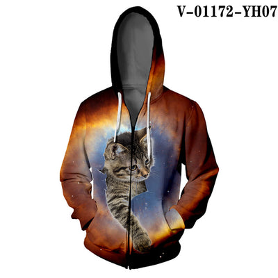 WAMNI Woman Kawaii Cat Zipper Hoodie Hip Hop Splice Color Print Star Cat 3D Hooded