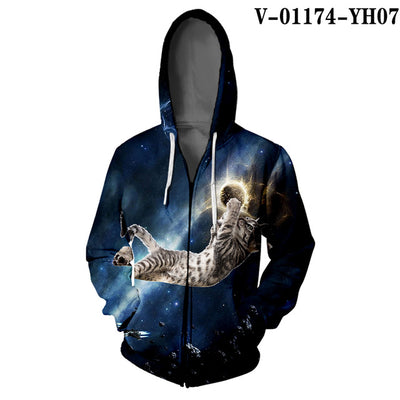 WAMNI Woman Kawaii Cat Zipper Hoodie Hip Hop Splice Color Print Star Cat 3D Hooded