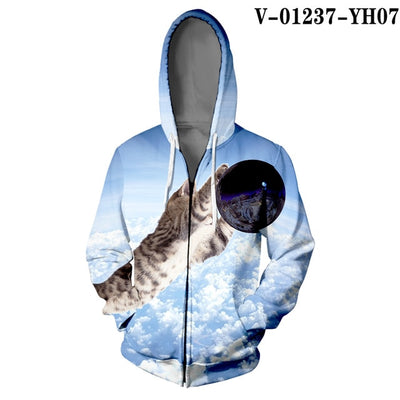 WAMNI Woman Kawaii Cat Zipper Hoodie Hip Hop Splice Color Print Star Cat 3D Hooded