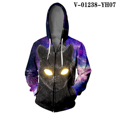 WAMNI Woman Kawaii Cat Zipper Hoodie Hip Hop Splice Color Print Star Cat 3D Hooded