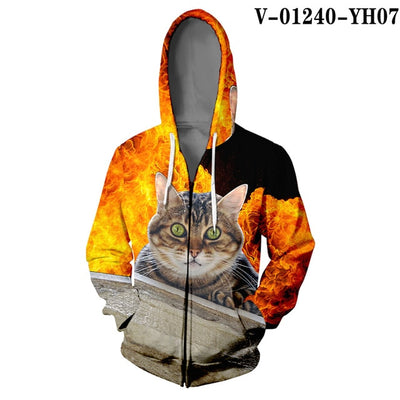 WAMNI Woman Kawaii Cat Zipper Hoodie Hip Hop Splice Color Print Star Cat 3D Hooded