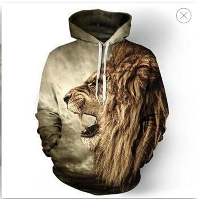 Cool boy fashion print casual sports hoodie golden hair lion roar 3D fun print thin long sleeve hoodie