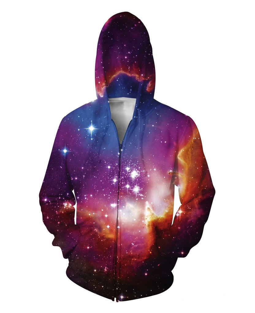 Winter Zip-Up Hoodie Nebula 3D Print Fashion Clothing Women Men Tops