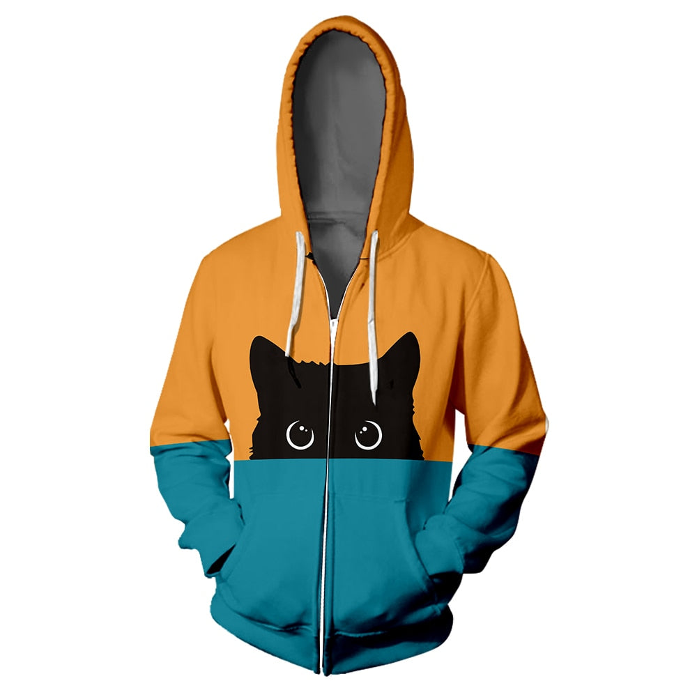 Curious Black Cat Zipper Hoodie Orange Green Splice Color Print Woman 3D