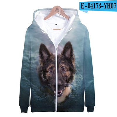 3D German Shepherd Cute Dogs Casual Winter Zipper Parent-child Hoodies