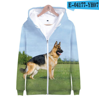 3D German Shepherd Cute Dogs Casual Winter Zipper Parent-child Hoodies