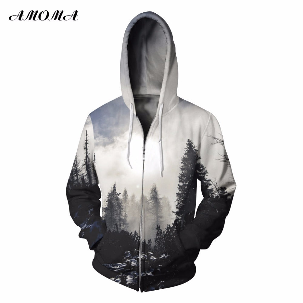 AMOMA Unisex Realistic 3d Digital Print Pullover Zip Hoodie