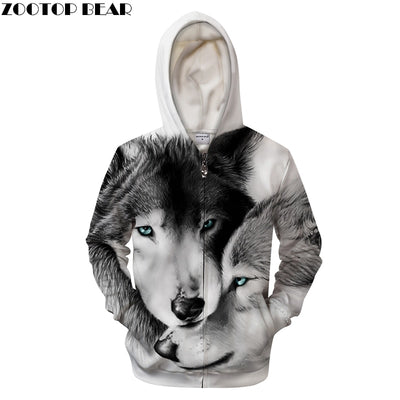 Lovers Wolves 3D Print Hoodies Men Women Zipper