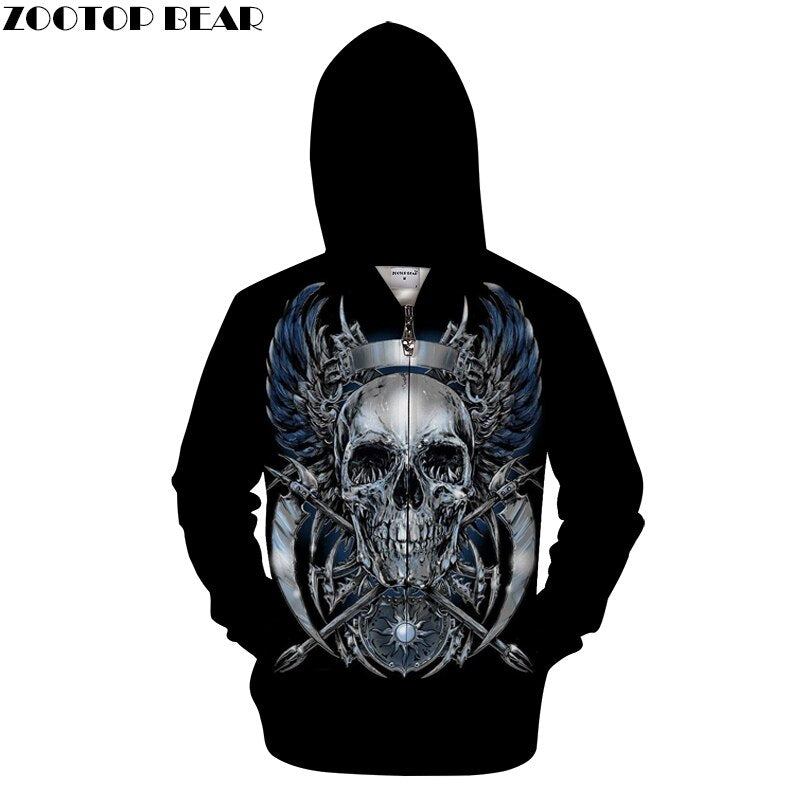 Iron Skull 3D Zip Hoodies Men Women Sweatshirts Zipper Hoody Print