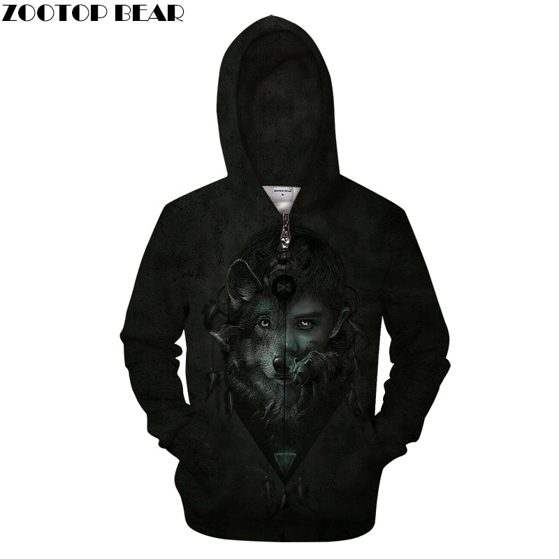 One-ear Wolf Zipper Hoodies Pullover Tracksuits Streatwear Zip Hoody 3D