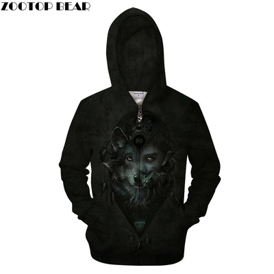 One-ear Wolf Zipper Hoodies Pullover Tracksuits Streatwear Zip Hoody 3D