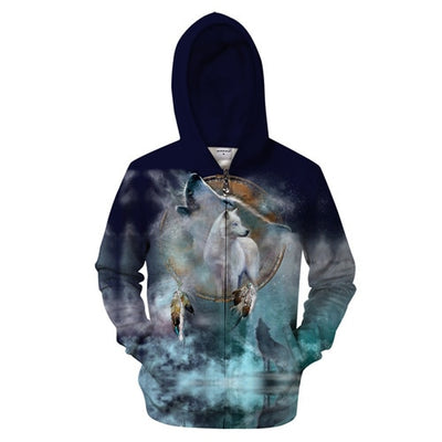 One-ear Wolf Zipper Hoodies Pullover Tracksuits Streatwear Zip Hoody 3D