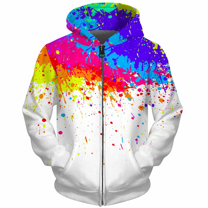 3D Men Hoodies Zip Up Splatter Color Paint Stains 3D Print