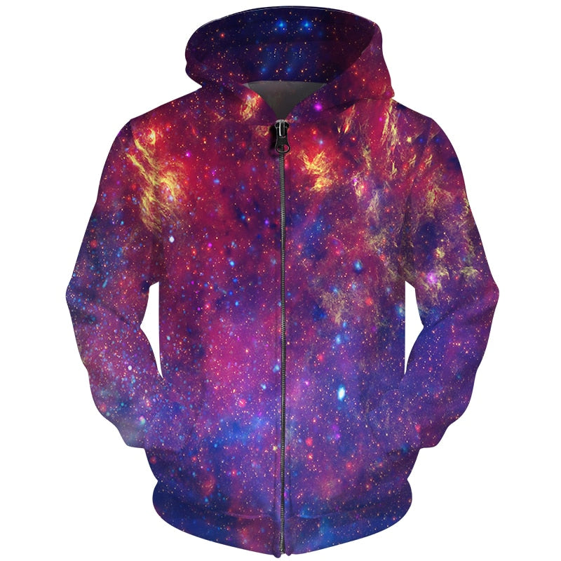 Brand Hoodies Men Galaxy Space Zipper 3d Pocket Hooded Starry Sky Printed